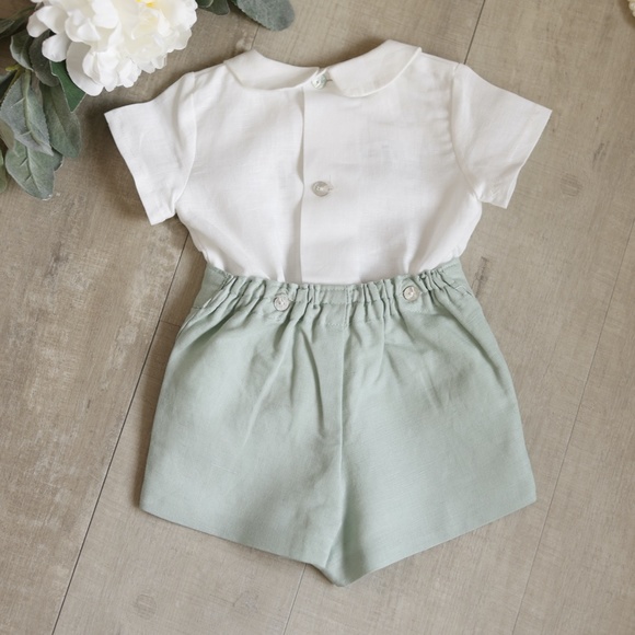Boy's Smocked Linen Bobby Suit Green White Eurpoean Boutique Size 3 Month NWOT - Picture 4 of 5